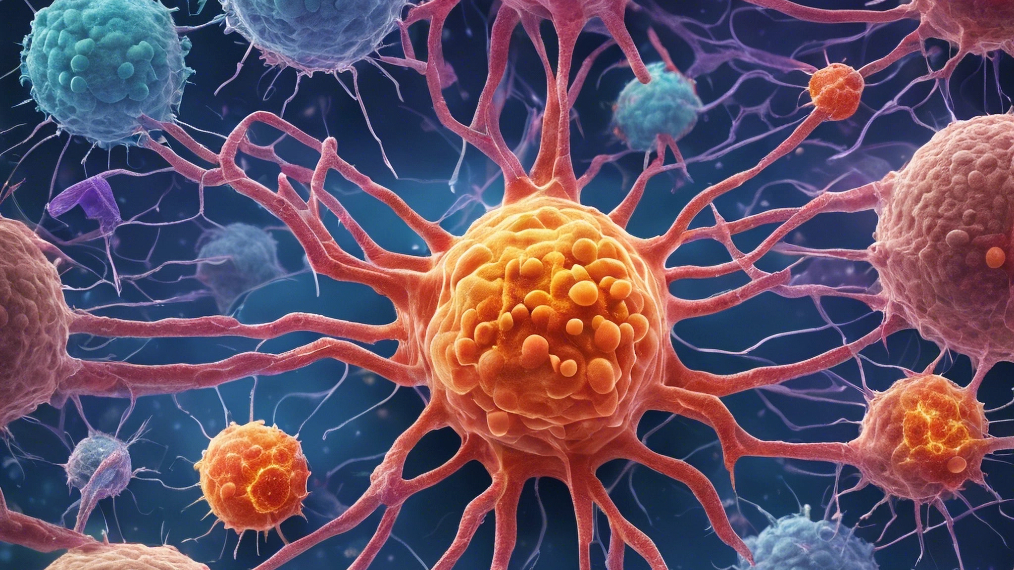 Tumor microenvironment showing cancer cells, immune cells, and fibroblasts interacting in a complex cellular neighborhood